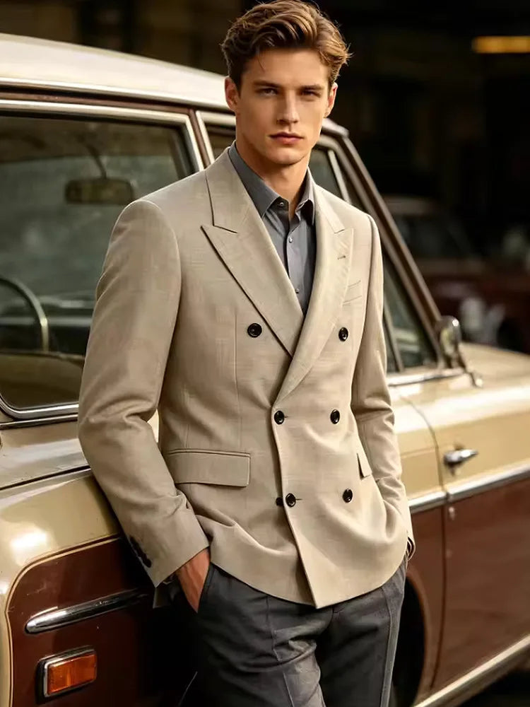 Men's Business Casual Linen Formal Suit Slim-fit Double-breasted Wedding Groom's Dress Party Daily Commuting