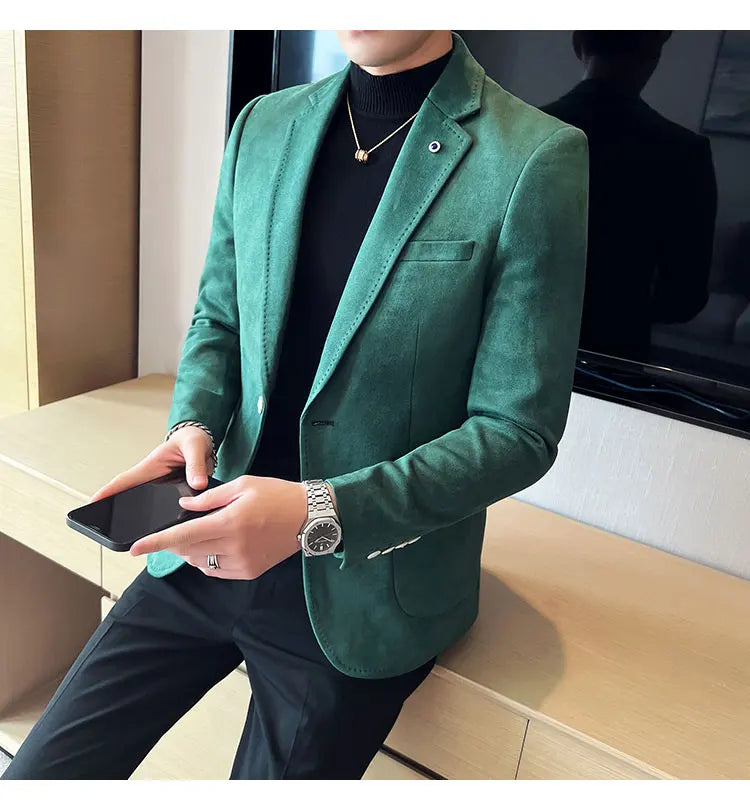 British Style Autumn Suede Business Casual Suit Jacket for Men High Quality Social Office Blazers Wedding Groom Dress Coats