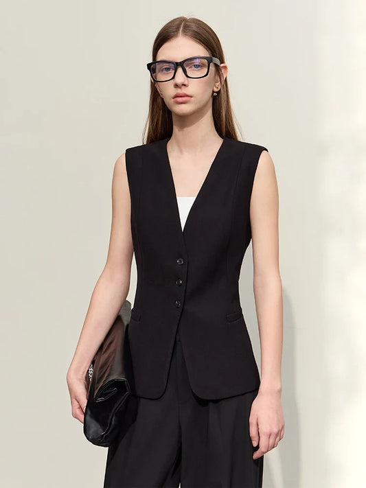 Minimalism Jacket Vests for Women 2025 Summer New Professional Style V-neck Slim Sleeveless Single-breasted Blouse 12441175