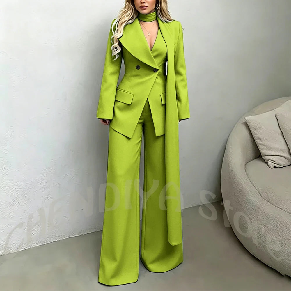 Classic Black Women Suit Set Double Breasted Asymmetrical Blazer Pants with Muffler Formal Office Elegant Two Piece Outfit