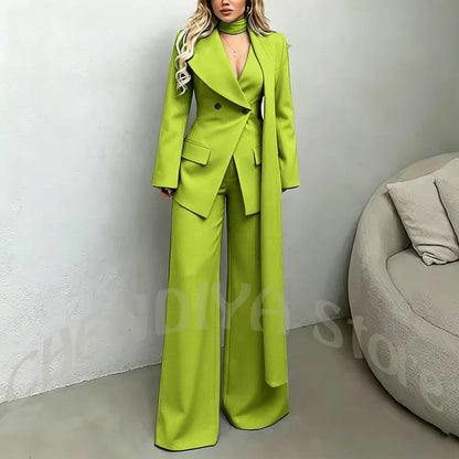 Classic Black Women Suit Set Double Breasted Asymmetrical Blazer Pants with Muffler Formal Office Elegant Two Piece Outfit
