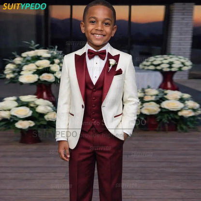 High Quality Burgundy Suit Sets For Boys Fashion Evening Banquet Classic Outfits Children Slim Fit Blazer Vest Pants 3 Pieces