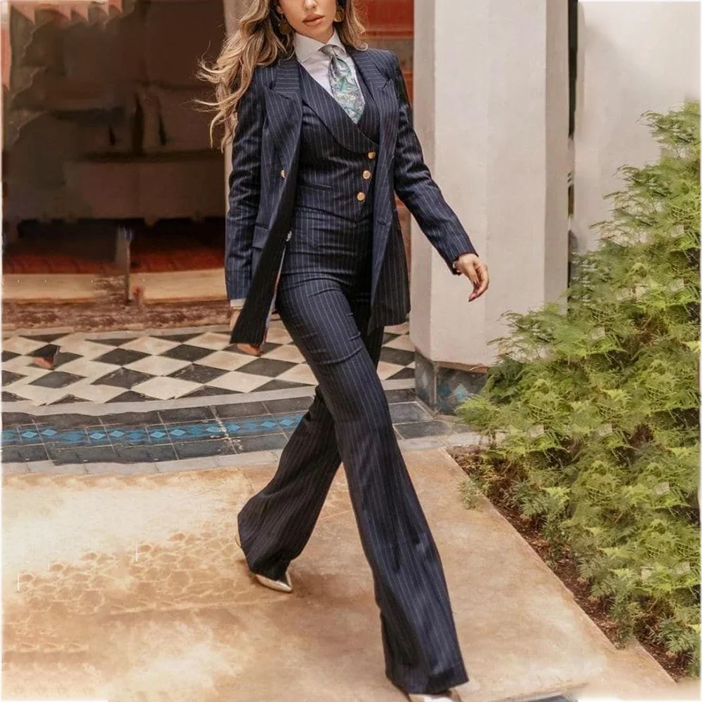 Custom Made Striped Women's Suit Peak Lapel Classic Fit Outfits Single Button High Quality Business Office Jacket Pants Vest