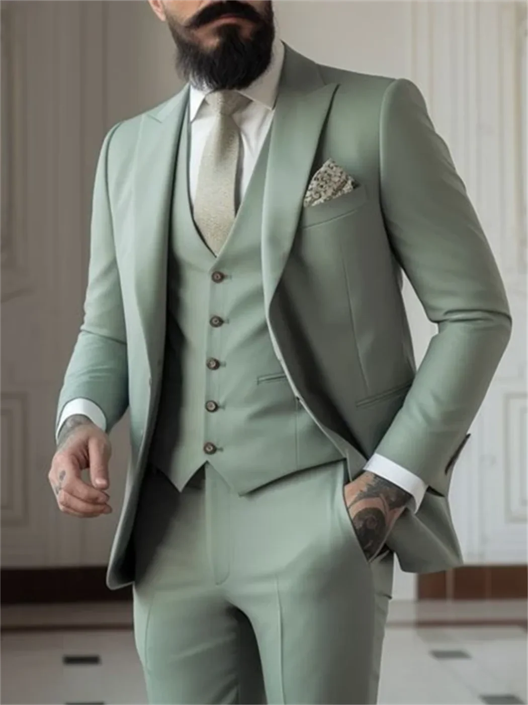 Costumes 3 Pièces Vert Sauge pour Homme Coupe Ajustée (Veste+Gilet+Pantalon) Tuxedos de Mariage pour Marié Blazers Formels de Bal pour Homme