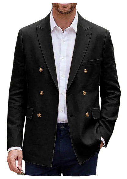 Men's Linen Blazer Notch Lapel Double Breasted Loose Fit Jacket Breathable Lightweight Business Outerwear Coat for Spring Summer