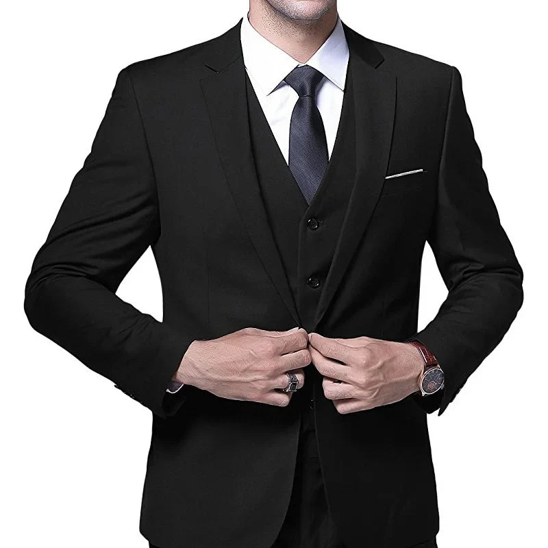 Black Business Party Men Suits 3 Piece One Button Trim Fit Custom Made Wedding Groom Tuxedos Jacket +Pants+ Vest