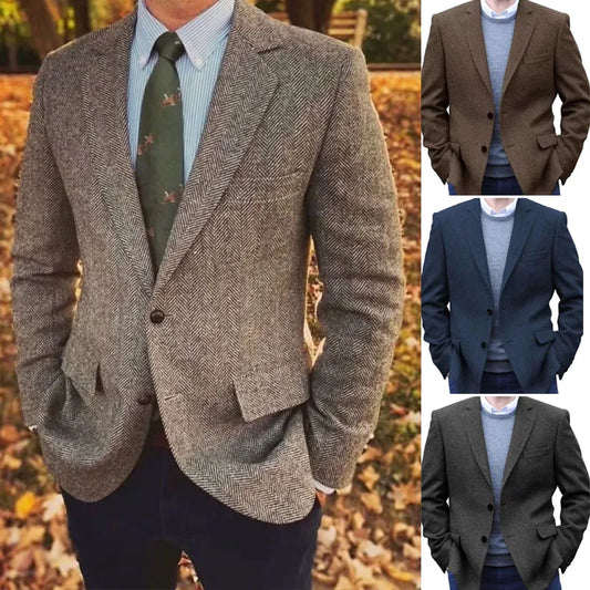 Premium Men's Suit Brown Blazer Prom Tuxedos Herringbone Tweed Single Breasted Formal Bussiness Jacket for Wedding（Only Coat）
