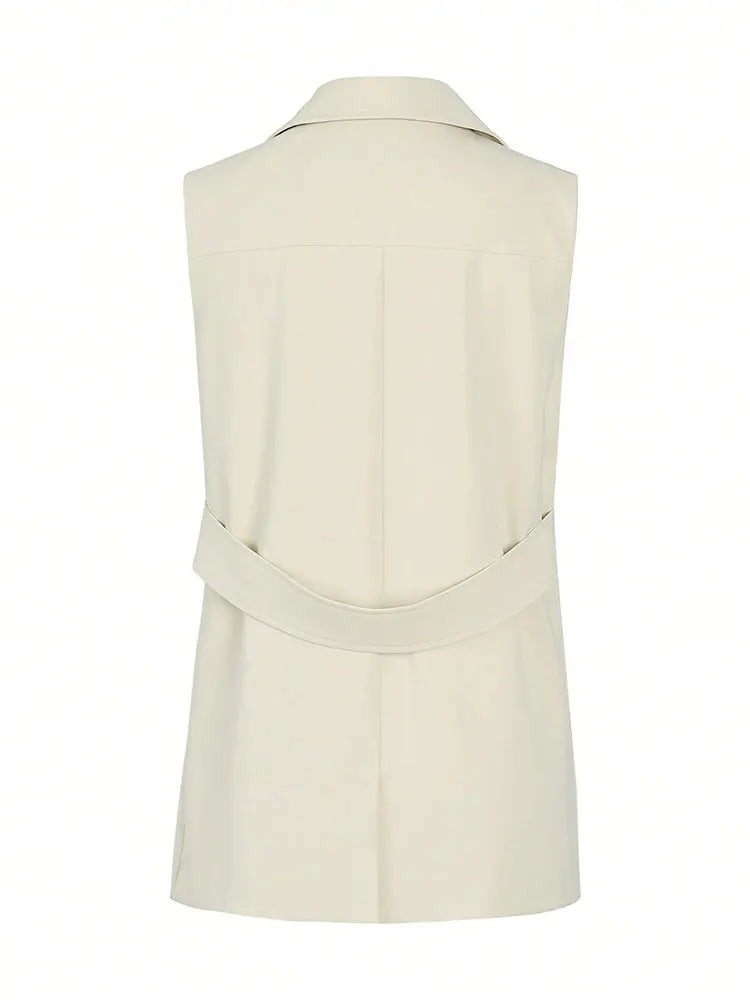 Fashion Double Breasted Suit Vest Women Clothes With Pocket Back Belt Slim Elegant Tops Coat Formal Occasion Sleeveless Jackets