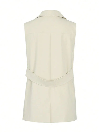 Fashion Double Breasted Suit Vest Women Clothes With Pocket Back Belt Slim Elegant Tops Coat Formal Occasion Sleeveless Jackets