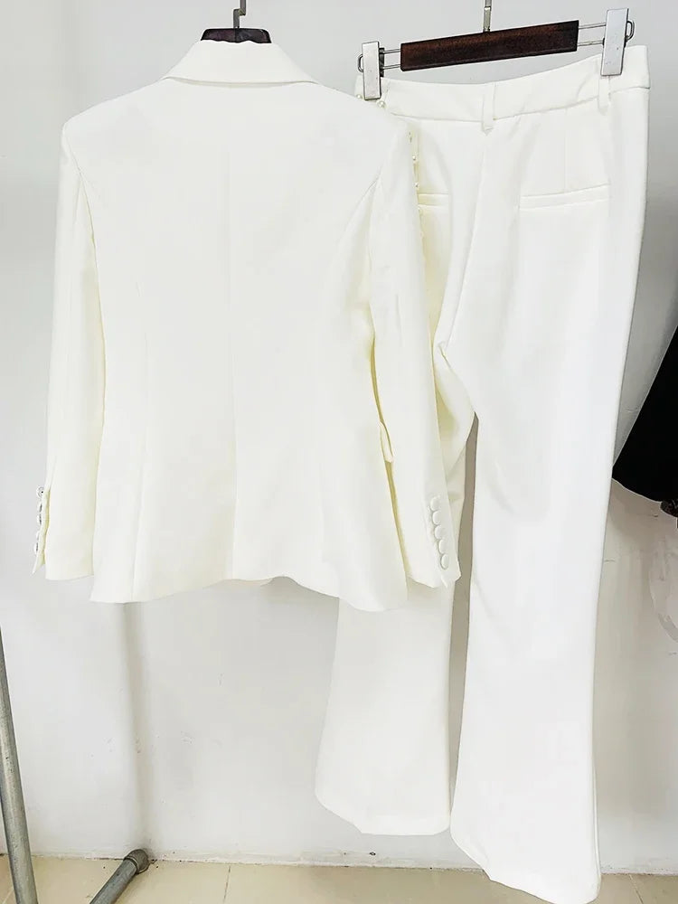 Fashion White Women Pants Sets Elegant Pearls Single Button Peak Lapel 2 Piece Chic Party Formal Solid Suits (Blazer+Pants)