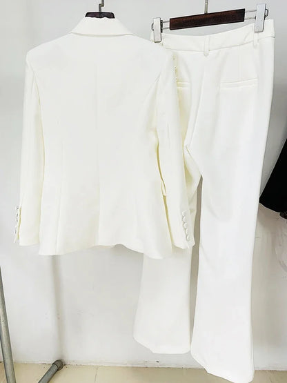 Fashion White Women Pants Sets Elegant Pearls Single Button Peak Lapel 2 Piece Chic Party Formal Solid Suits (Blazer+Pants)