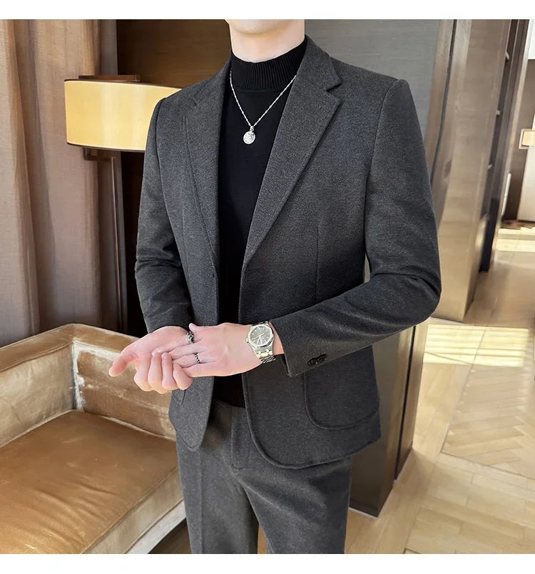 Plus Size 7XL-M ( Jacket+Pant）Autumn Winter Thickened Starry Sky Woolen Suit High Quality Slim Fit Business Social Casual 2 Pcs