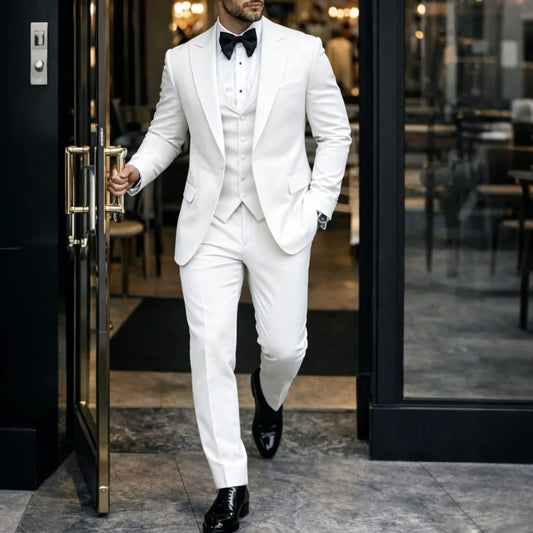 Men Suit White 3 Piece Single Button Bright Lapel For Wedding Groom Birthday Banquet Party Prom Business Work Jacket Vest Pants