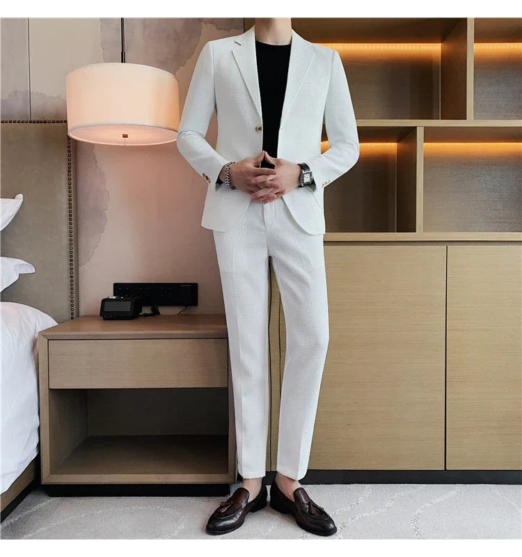 2025 New Waffle Blazers +Pant 2 Piece Set Men Fashion Business Slim Fit Solid Tuxedo Groom Wedding Prom Wear Casual Men's Sets