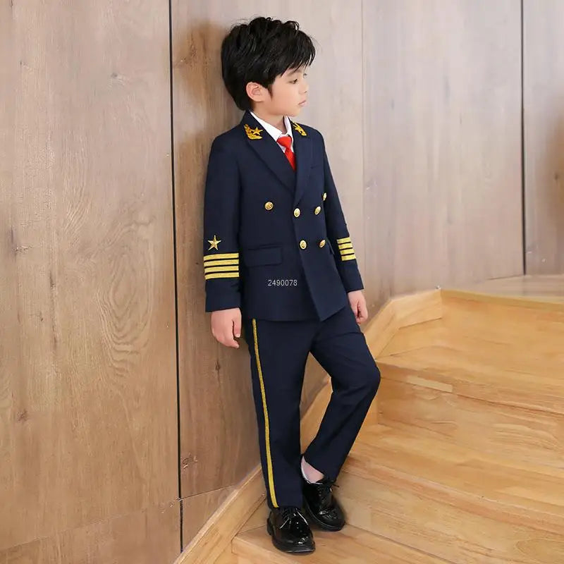 Flower Boys Pilot 3Pieces/Set Jacket Pants Tie Uniform Suit Kids Tuxedo Wedding Dress Children Birhtday Photograph Stage Costume