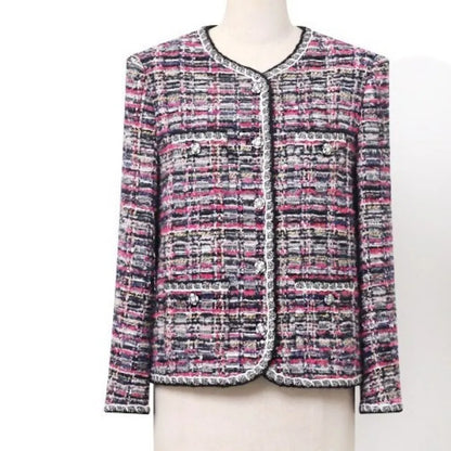 Retro Single Breasted Mixed Color Jacket Office Ladies Comfortable Pockets Coat Fashion Round Neck Long Sleeves Straight Outwear