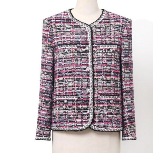Retro Single Breasted Mixed Color Jacket Office Ladies Comfortable Pockets Coat Fashion Round Neck Long Sleeves Straight Outwear
