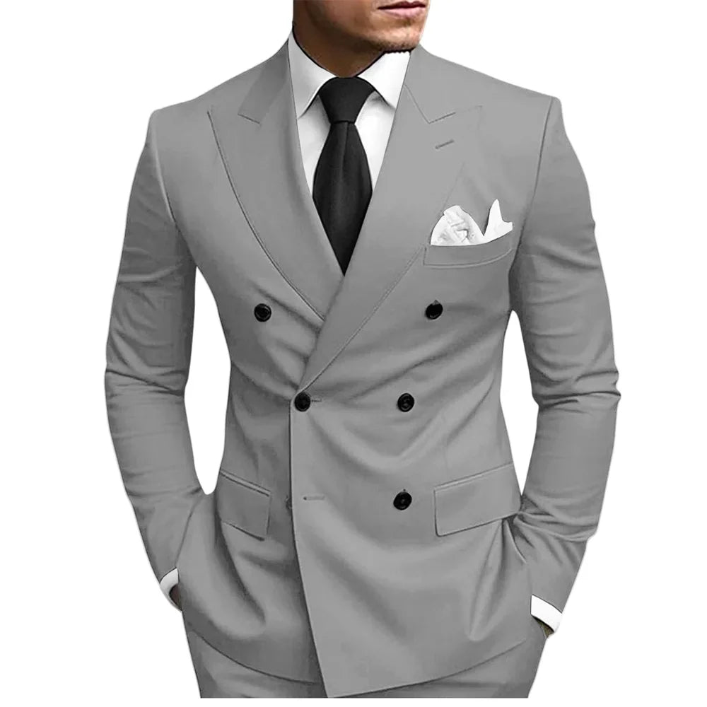 Classic Solid Suit Set 2 Pieces Jacket Pants For Men Wedding Groom Sets Double Breasted Men's Suits Banquet Tuxedo Wear XS-5XL