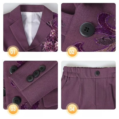 Children's Embroidered Suit Set Flower Boys Wedding Outfit Kids Jacket Vest Pants Tie 4Pieces Birthdy Party Clothes Set