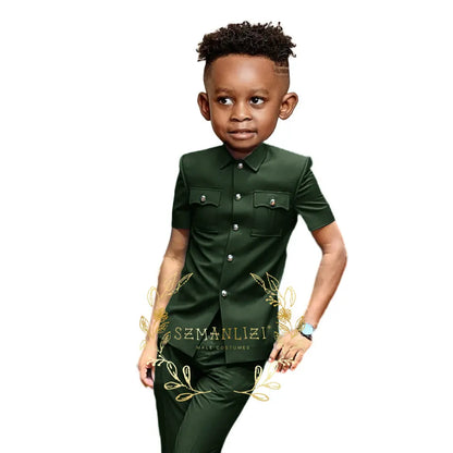 Boys Suit Black 2 Pieces Short Sleeve Party Tuxedo Formal Wedding Kids Clothes Indian Style Blazer Pants 2-16 Years Old