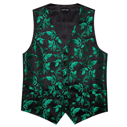 Vest Men Formal Green Floral Dobby Waistcoat Wedding Party Suit Set