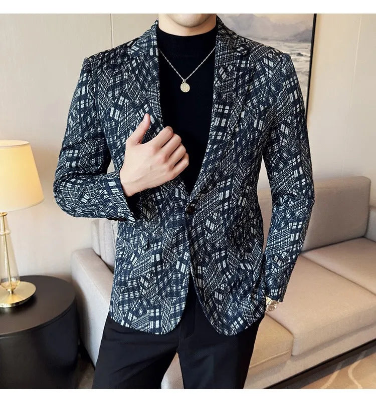 Korean Slim Fit Casual Suit Jacket for Men Fashion Camouflage Business Social Blazers Wedding Streetwear Dress Coat Men Clothing