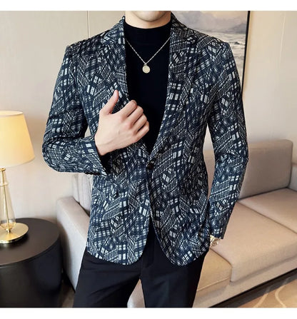 Korean Slim Fit Casual Suit Jacket for Men Fashion Camouflage Business Social Blazers Wedding Streetwear Dress Coat Men Clothing