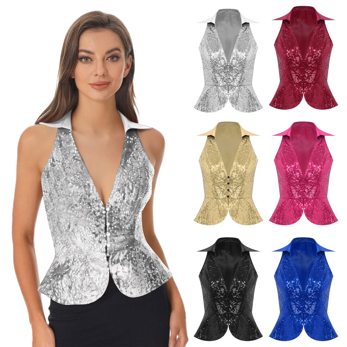 Women Shiny Sequin Vest Lapel Sleeveless Glitter Suits Waistcoat Top Rave Music Festival Jazz Dance Party Banquet Night Clubwear