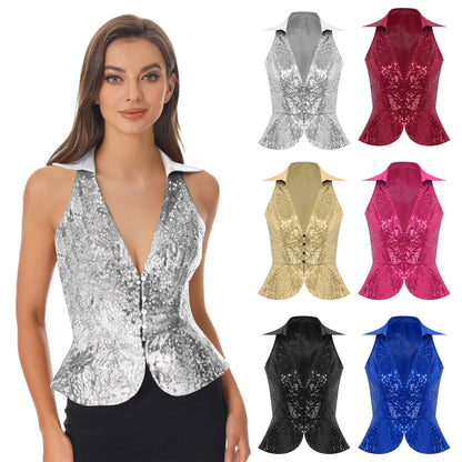 Women Shiny Sequin Vest Lapel Sleeveless Glitter Suits Waistcoat Top Rave Music Festival Jazz Dance Party Banquet Night Clubwear