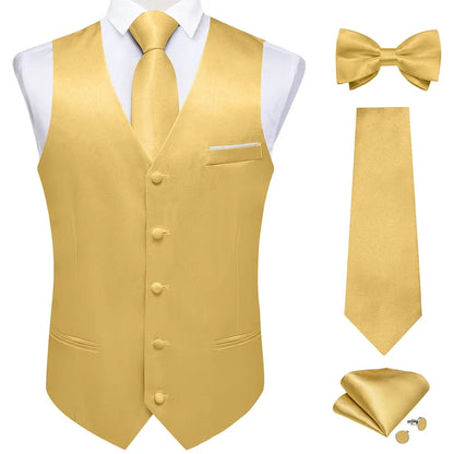 Men's Satin Suit Vest Set with Necktie Bow Tie Handkerchief and Cufflinks for Wedding and Formal Occasions