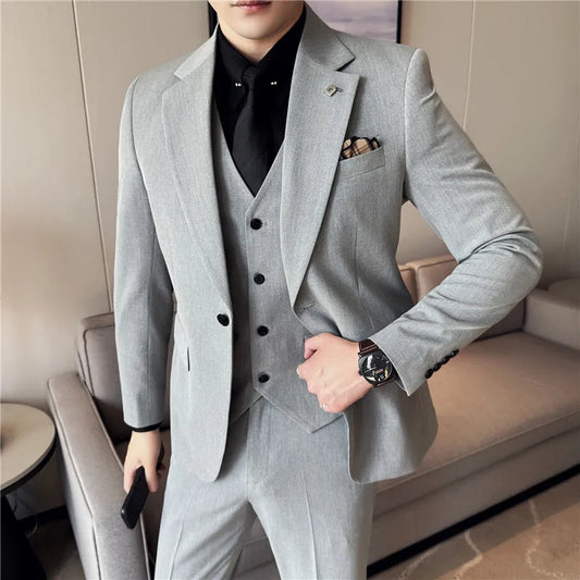 Men's 3 Piece Suit Set Single‑Button Solid Color Slim Fit Business Casual Wedding Banquet Party Jacket Vest Pants Formal Outfit