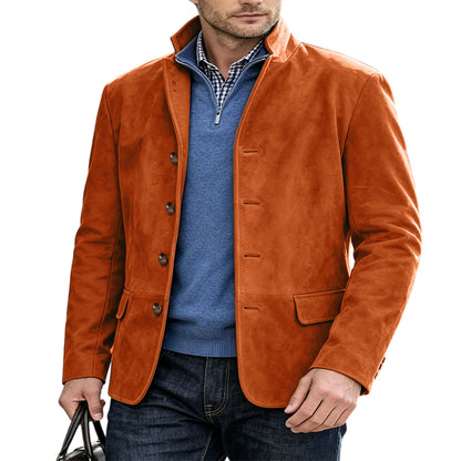 Men's Suede Blazer Single Breasted Slim Fit Classic Stand Collar Suit Jacket for Weddings & Daily Wear