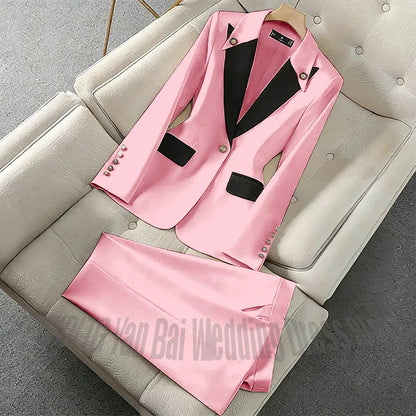 New Unique Women Pant Suit Contrast Color Modern Outfit One-Button Peaked Lapel Casual Fashion Daily Female Clothes Set 2 Piece