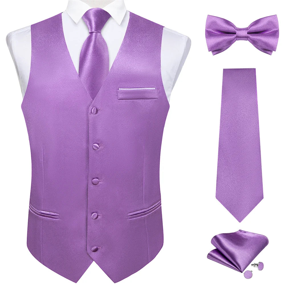 Men's Satin Suit Vest Set with Necktie Bow Tie Handkerchief and Cufflinks for Wedding and Formal Occasions