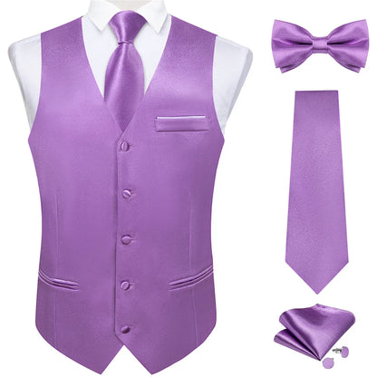 Men's Satin Suit Vest Set with Necktie Bow Tie Handkerchief and Cufflinks for Wedding and Formal Occasions