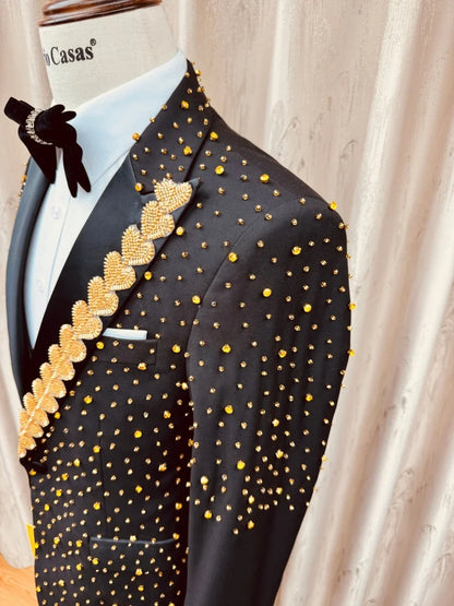 Men's Golden Beaded Suits 3 Pieces Banquet Party Wear Exquisite Peak Lapel Suit Set Wedding Party Outfit Stage Costumes S-3XL