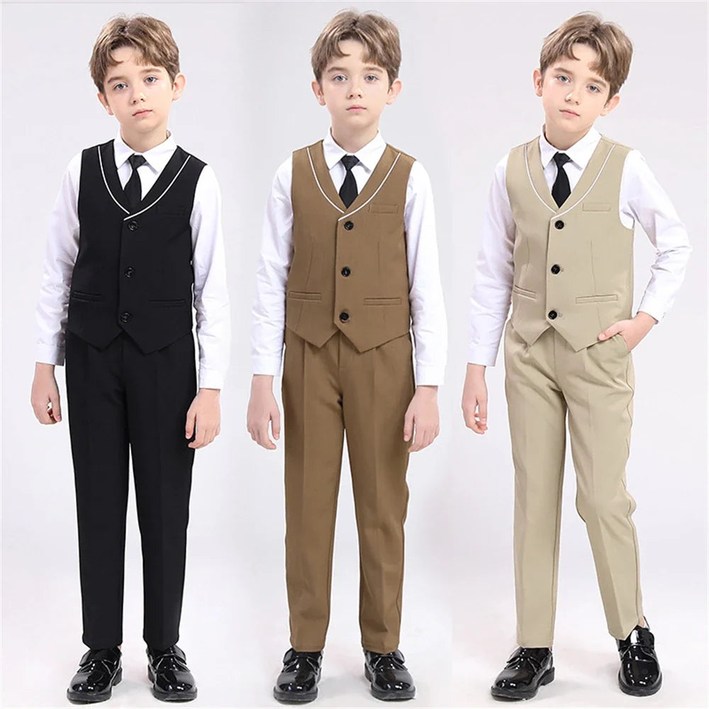 Kids Formal Vest Pants Set Summer Wedding Guest Outfit for Children 90-170cm Single Breasted Vestcoat Trousers Tie Sets
