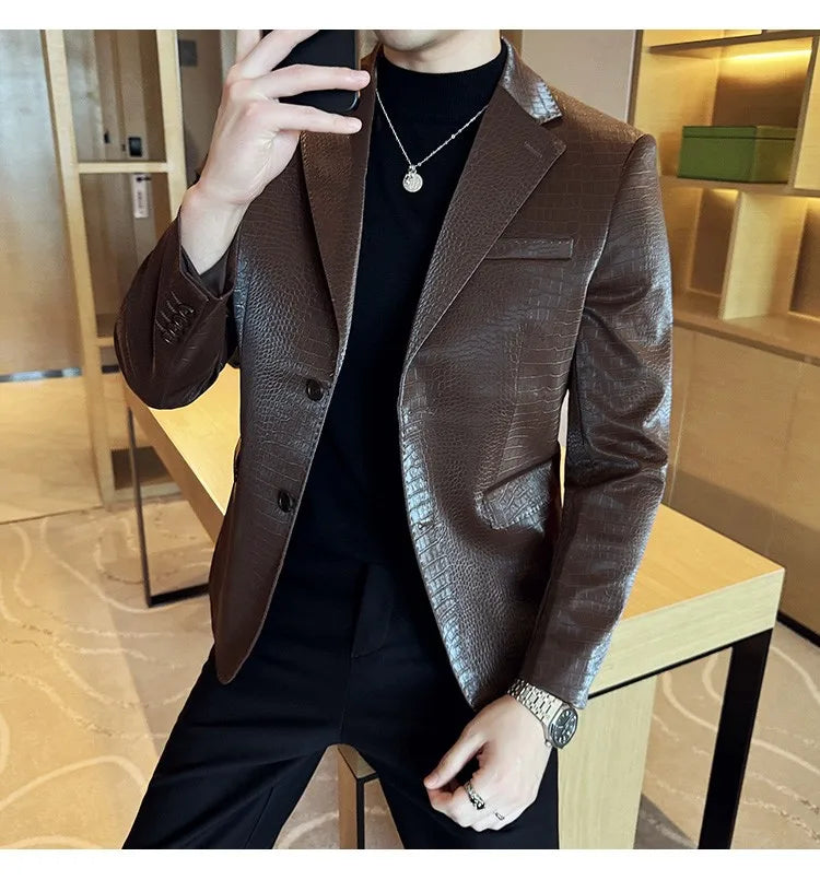 2026 Crocodile Patterned Leather Suit Jacket Men Slim Fit Business Casual Leather Jacket Wedding Groom Party Work Men Blazers
