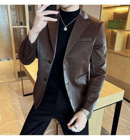 2026 Crocodile Patterned Leather Suit Jacket Men Slim Fit Business Casual Leather Jacket Wedding Groom Party Work Men Blazers