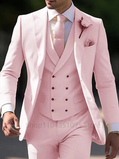 Pink 3 Piece Slim Fit Men's Tuxedo Groom's Wedding Prom Business Costume with Peak Lapel Two Buttons Blazer Vest Pants Set Homme