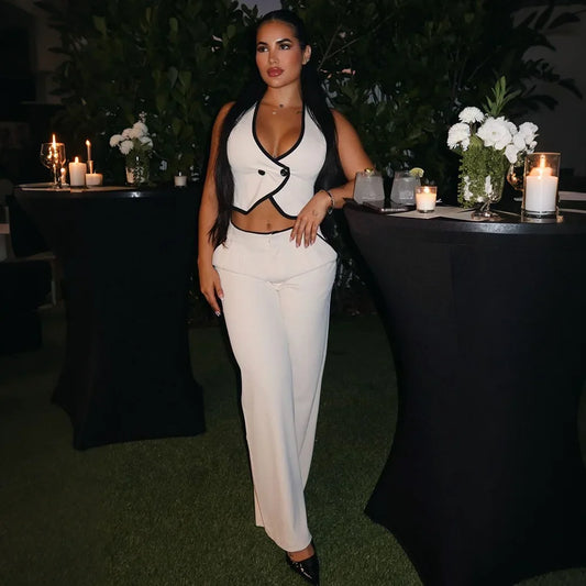 Sexy Women White Sleeveless Vest Wide Leg Pants 2Piece with Contrast Trim Office Pants Set Double Breasted Formal Banquet Outfit