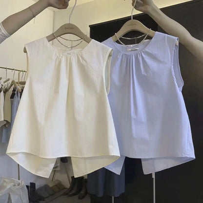 Korean Loose Fit Round Neck Sleeveless Vest 2025 Summer Women's Pure Top Split at Back Shirt