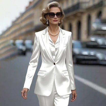 Women's Gold Satin Blazer Suit Set Stylish Single-Breasted Jacket+Pants Luxe Shiny Two-piece for Cocktail Party Wedding Guest