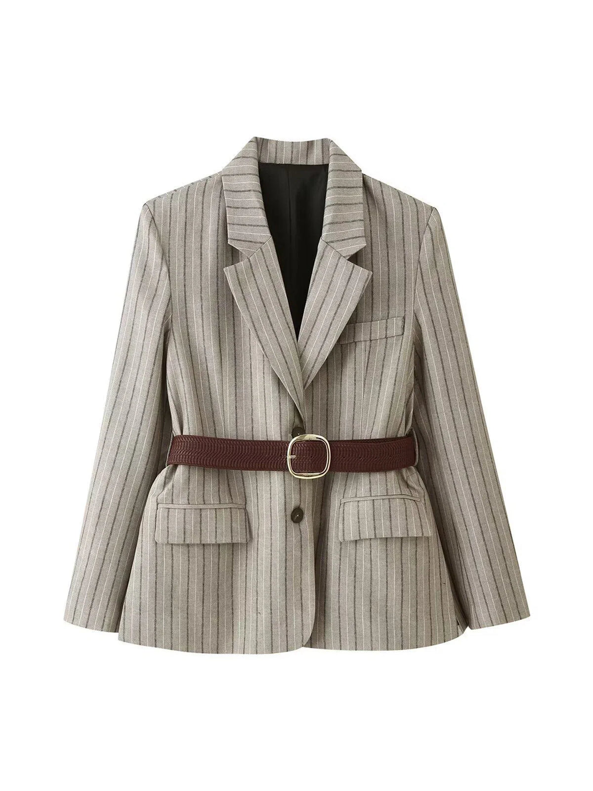 Women Khaki Striped Blazer Jacket Y2k 2000s Vintage Suit Coat European & American Elegant Fashion Belted Twill Blazer Outerwear