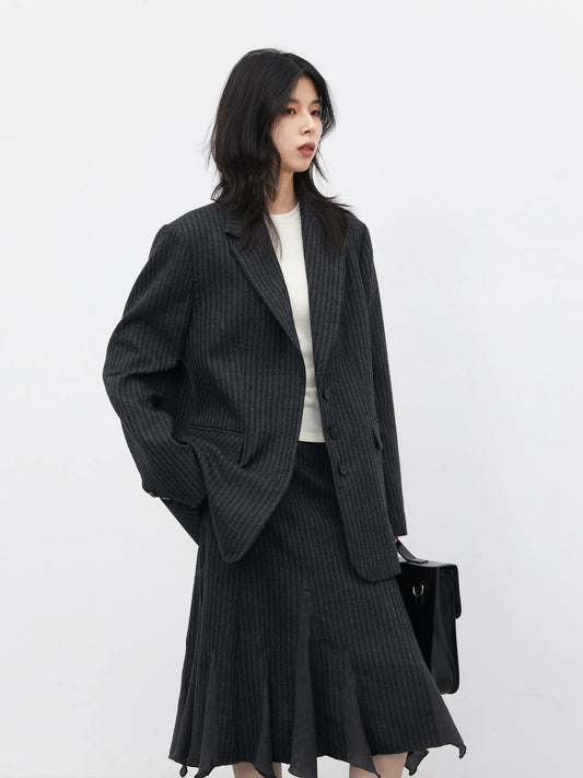 Fashion Women Woolen Blazer Coat Loose Casual Office Ladies Suit Jacket Striped Fish Tail Skirt Set Autumn Winter 2026