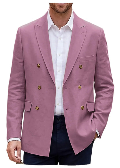Men's Double Breasted Linen Blazer Slim Fit Suit Jacket Formal Business Casual Coat Wedding Party Spring Summer Streetwear