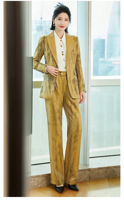 Women Golden Black Formal Pant Suit Autumn Female Tie-dye Blazer and Trouser 2 Piece Set For Office Ladies Winter Work Wear