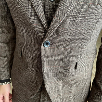 Ensemble costume trois pièces à carreaux modifié de haute qualité de style coréen britannique pour hommes - Gilet et pantalon de costume décontracté élégant