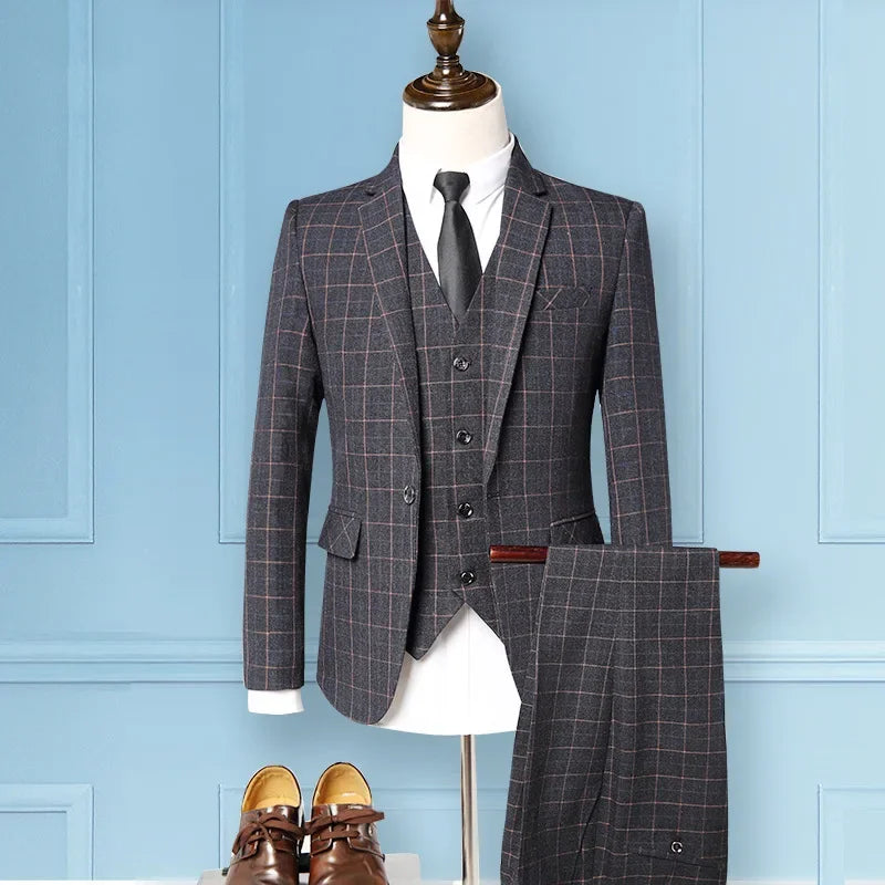 Men's 3-Piece Plaid Suit – Smart Casual Business Formal Set for Men
