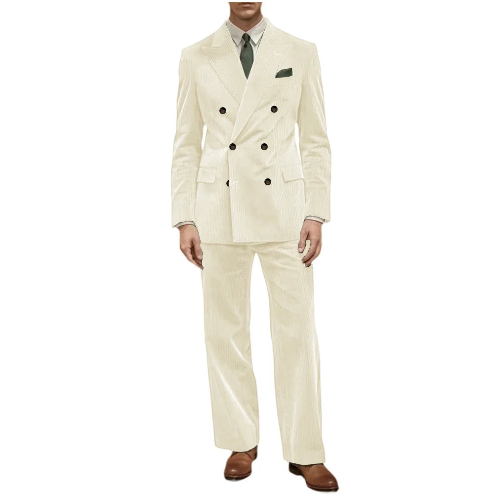 Men's Corduroy Suit 2 Piece Retro Double Breasted Peak Lapel Blazer Straight Leg Pants Formal Set Business Casual Wedding Party